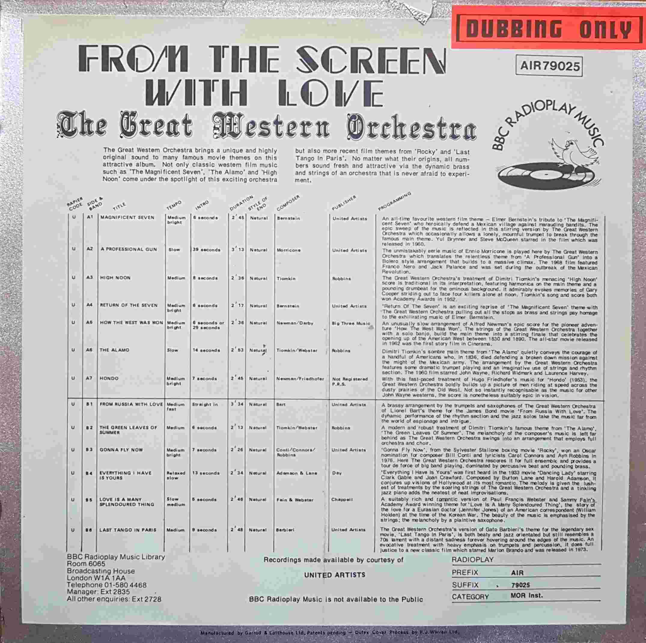 Picture of AIR 79025 From the screen with love by artist The Great Western Orchestra from the BBC records and Tapes library